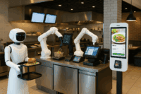 AI-driven restaurant kitchen with robots and smart POS systems enhancing food prep and customer service.