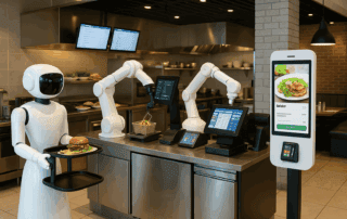 AI-driven restaurant kitchen with robots and smart POS systems enhancing food prep and customer service.