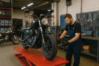 Inside view of a motorcycle repair shop with a mechanic working on a bike, representing small business recovery