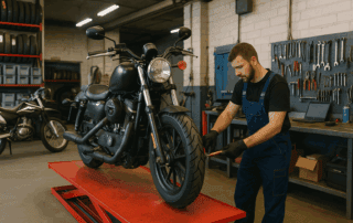 Inside view of a motorcycle repair shop with a mechanic working on a bike, representing small business recovery