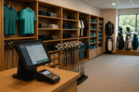 Modern golf shop interior with POS terminal and organized club display