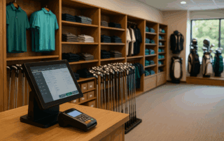 Modern golf shop interior with POS terminal and organized club display