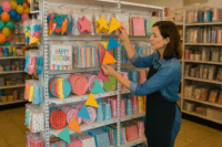 Retail party supply store owner organizing inventory and decorations to improve store layout