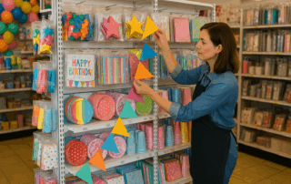 Retail party supply store owner organizing inventory and decorations to improve store layout