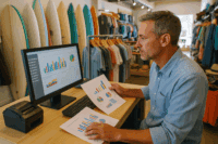 A surf shop owner analyzing sales reports with a POS system in a brightly lit, organized retail space.