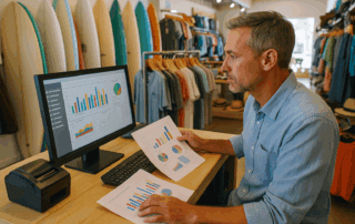 A surf shop owner analyzing sales reports with a POS system in a brightly lit, organized retail space.